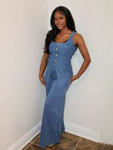 Steph T Vintage Sleeveless Denim Peplum Top – Button Down Fitted Jean Tank For Women,Button Down Denim Top, Fitted Jean Top, Denim Tank Top, Vintage Denim Top, Sleeveless Denim Top, Corset Denim Top, Structured Denim Top, Old Money, Business Casual Woman