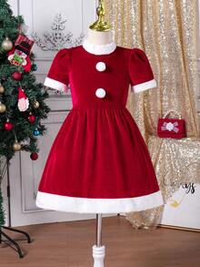 Vestido de felpa para niñas en Navidad, de manga corta con cuello esponjoso, decoración con botones lindos, esencial para fiestas navideñas. La tela de felpa se ve exquisita, manga corta + cuello esponjoso, botones blancos que hacen eco de los elementos navideños. Silueta de vestido lindo, adecuado para galas navideñas, sesiones de fotos de vacaciones para padres e hijos, las niñas pueden usar para eventos temáticos de Navidad, otoño/invierno. - Rojo - Ver 4