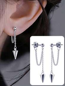 1对不锈钢锥形吊坠朋克耳环，带链子，低过敏性 - 銀色 - 查看 1