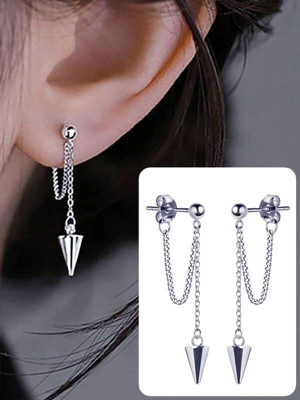 1对不锈钢锥形吊坠朋克耳环，带链子，低过敏性