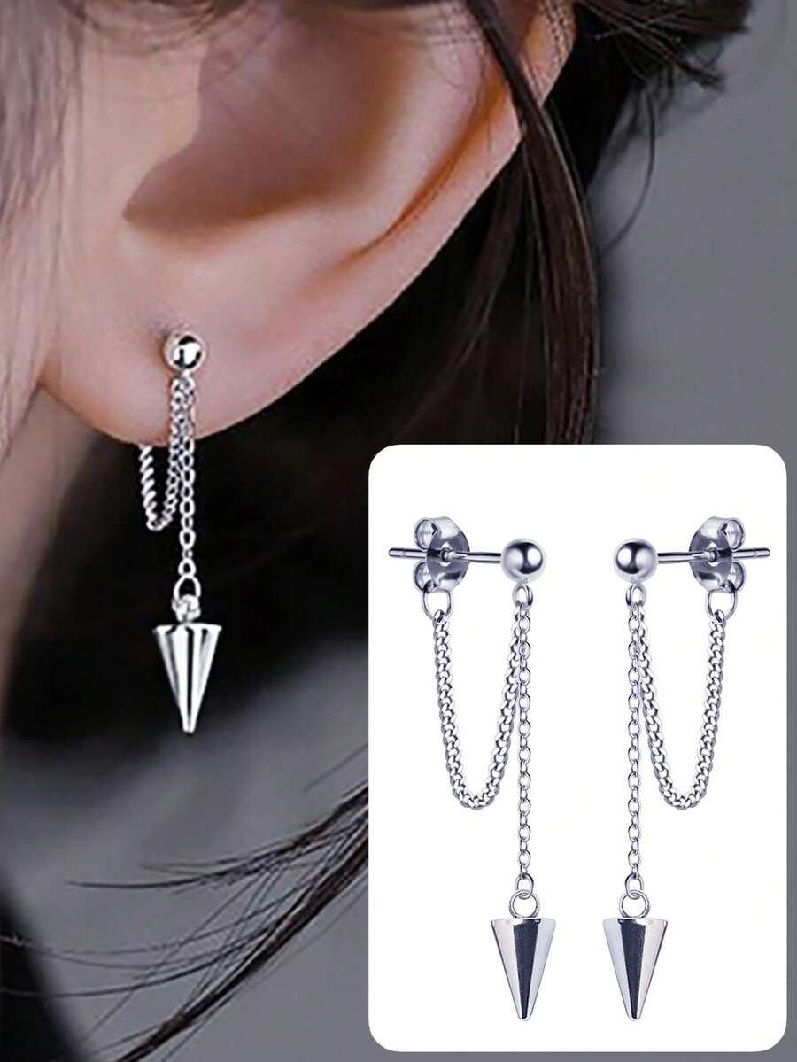 1对不锈钢锥形吊坠朋克耳环，带链子，低过敏性 - 銀色 - 查看 1