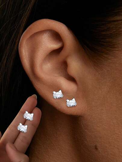 1pc S925 Sterling Silver Single Diamond Cat Ear Stud Earrings, Suitable For Party Wear, Great Gift For Girlfriend, Mother And Sister