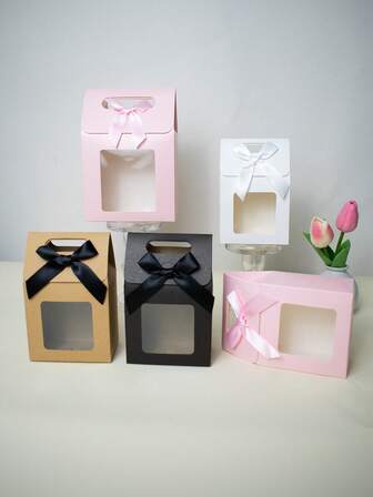 10pcs Paper Gift Boxes With Bow Ties And Clear Windows, Handle Covers, White Paper Gift Bags, Ideal For Bridal Showers, Holidays, Birthdays, Back To School Gifts, Small Business/Classroom Presents, Winter Packaging, Valentine Day, Party Favors, Party Decoration, Birthday Decoration, Babe Shower, Mother's Day, Celebrations, Gift Wrapping