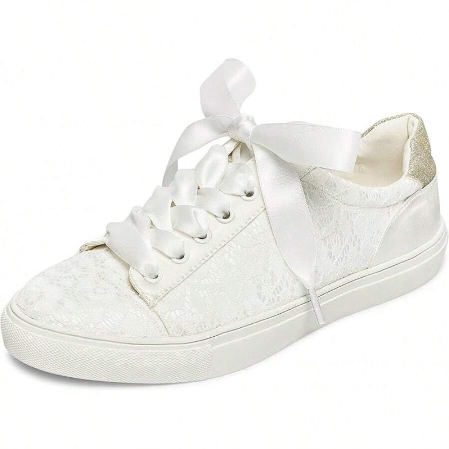 8834A Wedding Shoes Bridal Sneakers Flats Bride Tennis Shoes Lace Sneakers - Personalized Customization Available - Ngà voi - Xem 1