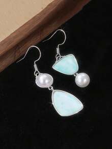 Vintage Copper Asymmetric Faux Pearl Pendant Earrings, Handmade Bohemian Style Women Earrings