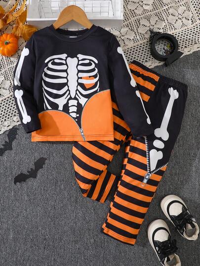 Camiseta esportiva casual de Halloween para meninos, 2 peças, laranja, com estampa de esqueleto, com zíper, gola redonda, manga comprida, combinada com calças listradas laranja