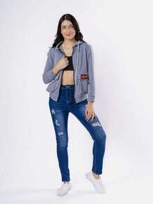 Sudadera con capucha de manga larga para mujer, Chaqueta informal con cremallera Chaqueta con capucha de color sólido con bolsillos y diseño de cordón de ajuste - Gris - Ver 2