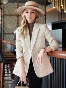 Apricot Blazer Jacket For Women, 2025 Autumn/Winter New Arrival, High-End Elegant Lady Wool Blend Coat