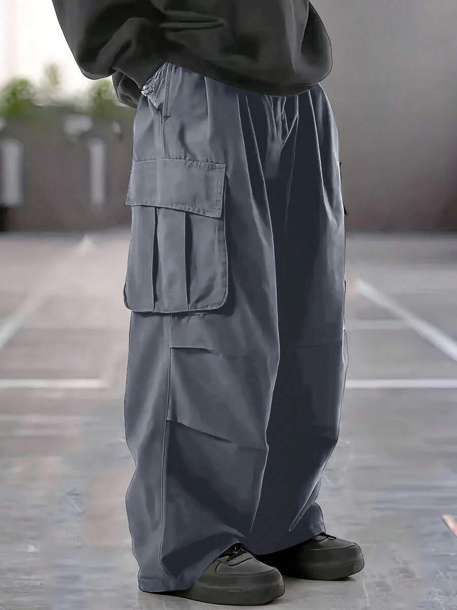 Men's Plus Size Cargo Pants, Autumn/Winter Fashion Outdoor Military Style Pants, Casual Straight Leg Sports Pants, Large Pocket Cavalry Design - Dark Grey - View 1