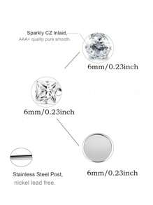 3 Paar hypoallergene CZ Ohrstecker in Silberfarbe für Damen und Herren, vergoldete quadratische und runde CZ Ohrstecker für empfindliche Ohren