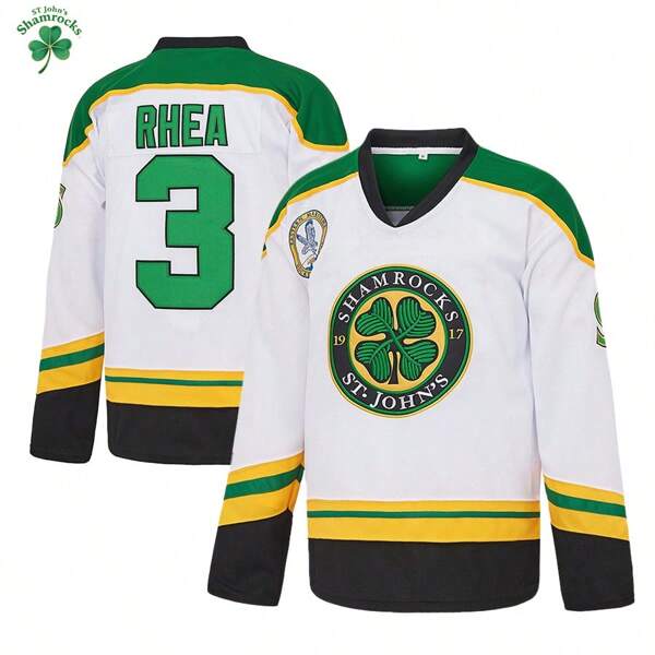 ST John's Shamrocks 3 Ross The BOSS Rhea 's Shamrocks Stitched Hockey Jersey With EMHL Patch White And Green Embroidered Stitched Sportswear Casual Training Long Sleeved Pullover