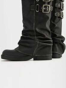 Knee High Boots For Women Y2K Fold Over Boots Round Toe Platform Chunky Heel Slouchy Boots For Women Punk Metallic Buckle Wide Calf Fold Over Boots - 黑色 - 查看 8