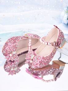 Zapatos de princesa para niñas, bailarinas de moda versátiles para niños, zapatos de pasarela de color plateado para actuaciones, zapatos de tacón alto con decoración de lazo para niñas pequeñas, zapatos brillantes con cristales - Rosa - Ver 4