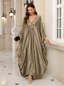 Elegant Women's Champagne Satin Kaftan Dress, Batwing Sleeve Casual Loungewear Spring - Rượu sâm banh - Xem 7