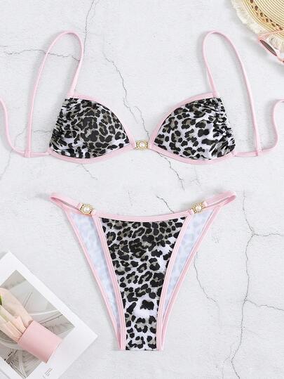 Bộ bikini mùa hè mới dành cho nữ, màu hồng nhạt đính ngọc trai, họa tiết da báo, gợi cảm, thích hợp cho kỳ nghỉ biển.