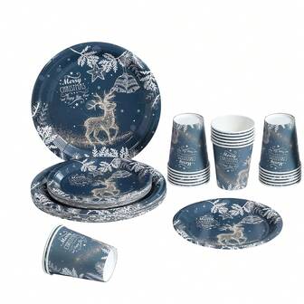 60pcs/Set Cute Golden Reindeer Christmas Theme Tableware Set, Merry Christmas Party Supplies, 9"/7" Paper Plates & Dessert Plates, Cups, Napkins