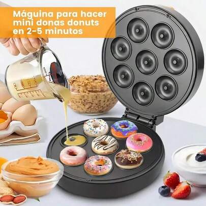 Mini máquina para hacer donas de 1400 W, calentamiento automático de doble cara, con superficie antiadherente, puede hacer 7 donas redondas, adecuada para postres navideños o meriendas para niños