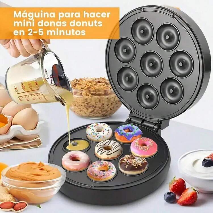 Mini máquina para hacer donas de 1400 W, calentamiento automático de doble cara, con superficie antiadherente, puede hacer 7 donas redondas, adecuada para postres navideños o meriendas para niños - Negro - Añade 1