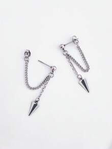 1对不锈钢锥形吊坠朋克耳环，带链子，低过敏性 - 銀色 - 查看 2