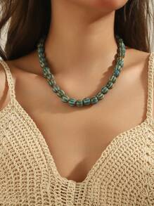 1pc Boho Style Round Geometric Ceramic Pumpkin Bead Handmade Beaded Necklace With Stainless Steel Chain & Lobster Clasp, Gift For Women, Suitable For Daily Wear And Holidays