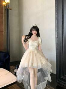 2025 New Arrival Half Love Word Big Ribbon Princess Dress Jacquard Fluffy Fine Glitter Trailing Dress Birthday Dress - Apricot Skirt - View 2