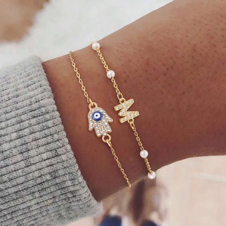 Bộ 2 món mặt dây chuyền hình chữ Hamsa và mắt theo phong cách tối giản mới, vòng tay nhiều lớp đính hạt bằng thép không gỉ mạ vàng, dành cho nữ. - Vàng - Xem 1