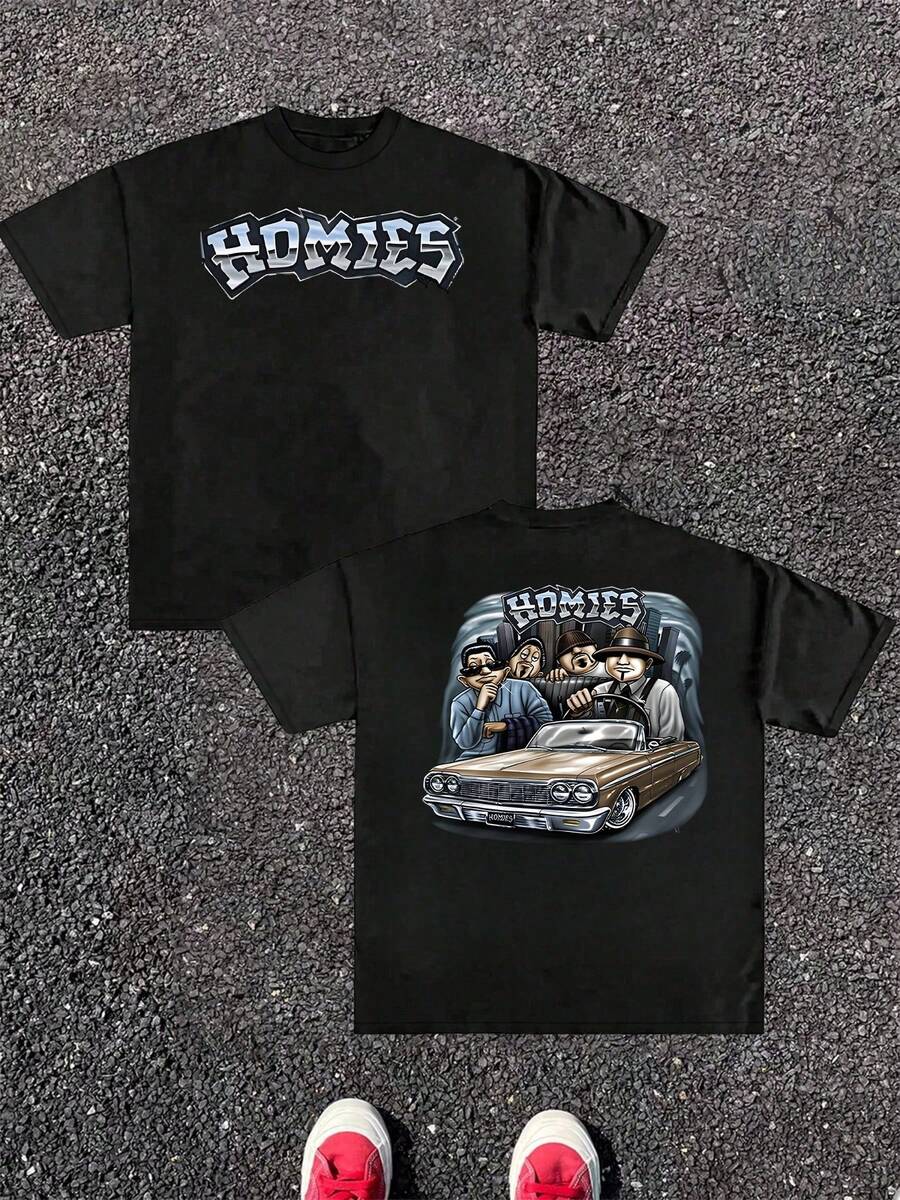 Homies Car Crew Double Sided Digital Printed 220g T Shirt Edgy 1pcs Men's Casual Round Neck Short Sleeve 100% Cotton Tee Classic Car Culture - Black - View 1