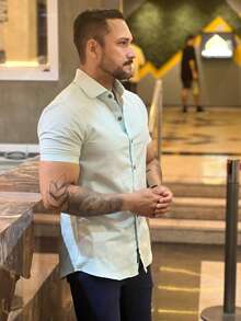Men's Short Sleeve Shirt 100% Cotton - Màu xanh Ô liu - Xem 3
