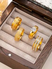 4/5pcs Fashionable & Elegant Stainless Steel Gold-Tone Women Rhinestone Ring Set, Suitable For Daily Wear, Festivals, Dates, Engagements, Weddings, Gift For Lover, Friend, Family - Gold - View 17