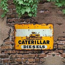 2D Flat - Vintage Caterpillar Diesel Engine Metal Sign - Rustic 20.32x30.48 Cm Wall Decor With Distressed Yellow Background & Black Text, Perfect For Bedroom, Living Room, Bar, And Outdoor Spaces, Metal Outdoor Decor - 彩色 - 查看 2