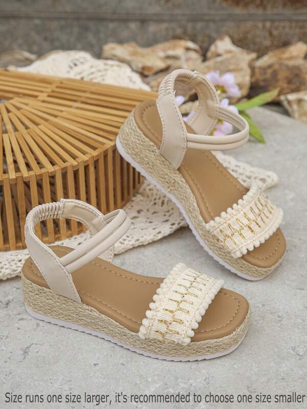 1 Pair Retro Bohemian Style Thick Sole Sandals Suitable For Teenage Girls/Children, Beige Color, Hemp Rope Woven, Suitable For Holidays And Daily Wear, Recommend Ordering One Size Up