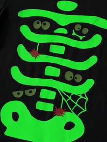 Halloween Kids Long Sleeve & Pants Set, Cartoon Glow-In-The-Dark Pumpkin & Skull Print Pattern, Autumn/Winter Party - Black - View 5