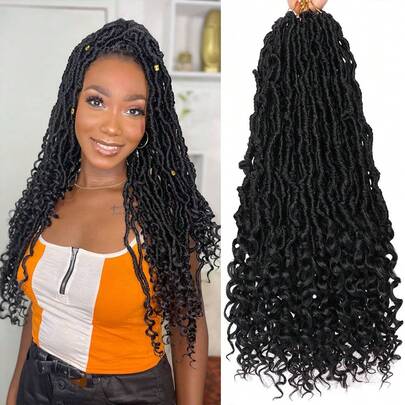 Tóc giả bện móc kiểu Goddess New Faux Locs dài 24 inch, bó 1/7, tóc giả bện móc dài mềm mại có sẵn các vòng móc với đuôi xoăn, tóc giả bện Nu Locs tổng hợp màu đen tự nhiên, dành cho phụ nữ.
