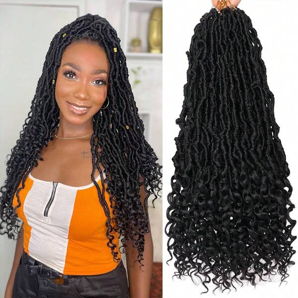 Peluca trenzada de 24 pulgadas con aspecto de diosa, 1/7 de paquete, peluca de trenzas de ganchillo largas y suaves con extremos rizados, color negro natural sintético de trenzas Nu Locs, para mujeres