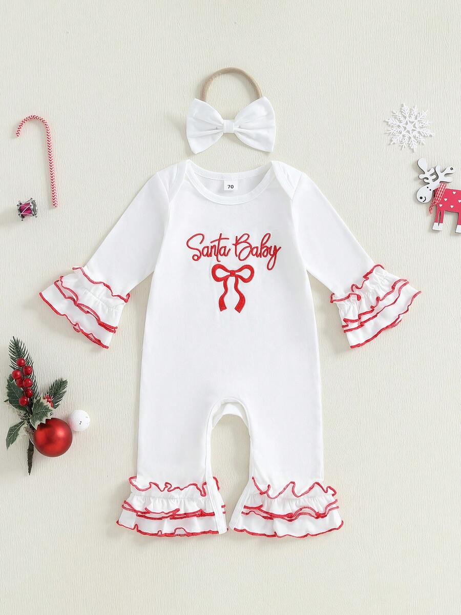 Baby Girl Christmas Outfit Bow Letter Print Ruffle Long Sleeve Romper Bow Headband 2 Piece Set - trắng - Xem 1