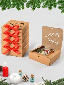 10pcs/5pcs/1pc Christmas Themed Solid Color Simple Square Natural Kraft Paper Gift Boxes, Christmas Tree Hollow Design Flip-Top Gift Boxes With Red Bow, Material, Ideal For Holiday Gifts, Souvenirs, Jewelry Packaging, Christmas Party Decor - Multicolor - View 1