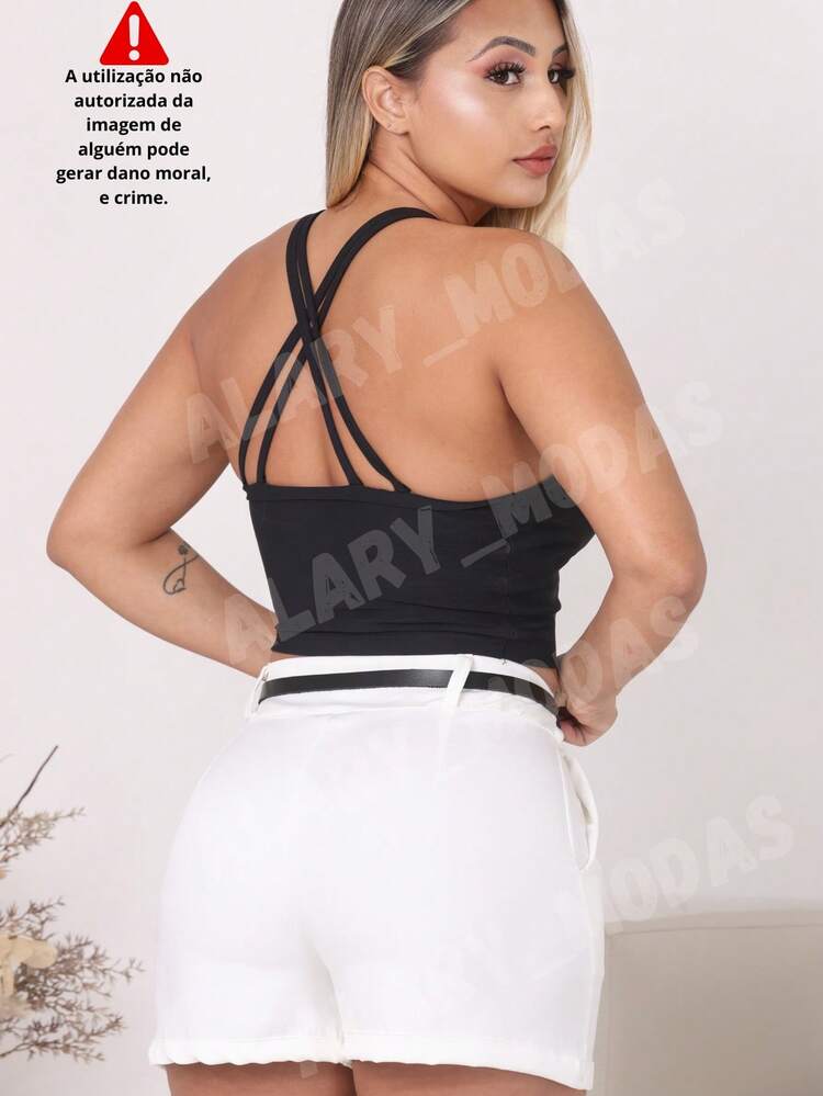 Women's Tailored Shorts High Waist With Golden Flower Belt And Pockets Summer Fashion From S To G3 Plus Size - 白色 - 查看 2