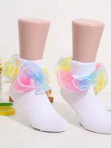 1 Pair Girls' Ruffle Trim Socks, Princess Baby Dance Rainbow Lace Socks - Multicolor - View 30