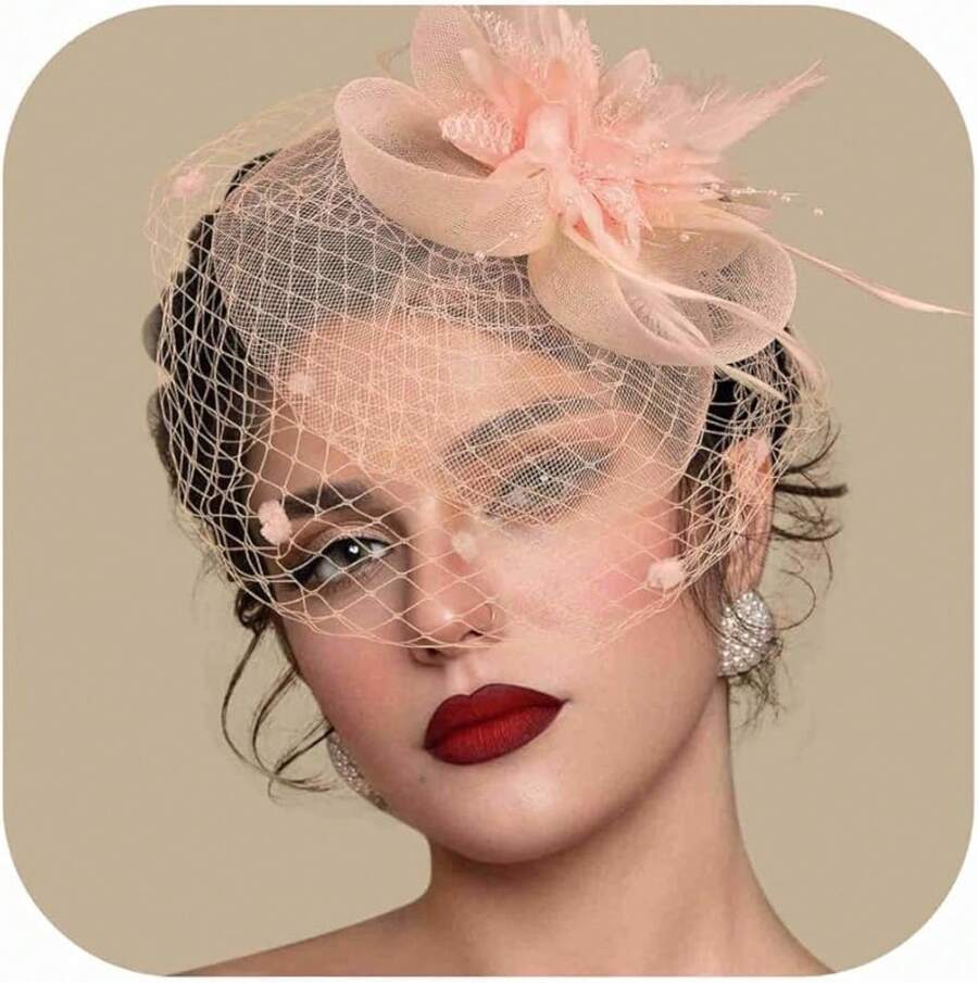 Fascinators Hats Women Tea Party Hat Mesh Headband Vintage Lace Cocktail Headwear Hair Clip Church - 香檳色 - 查看 1