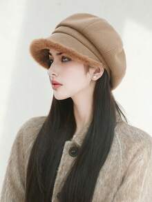 1pc Women's Autumn Warm Windproof Thick Fluffy Edge Octagonal Hat, Painter Cap, Newsboy Cap, Suitable For Daily Use Winter Fall - Fur Brim Octagonal Hat - View 2