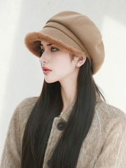 1pc Women's Autumn Warm Windproof Thick Fluffy Edge Octagonal Hat, Painter Cap, Newsboy Cap, Suitable For Daily Use Winter Fall