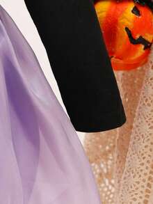 Girls Autumn Fashion Casual Outdoor Cute Halloween Cat Ghost Wizard Hat Star Pattern Bow Long Sleeve Puff Dress - Purple - View 6