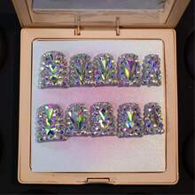 10Pcs Y2K Short Duck Press On Nails With Full Crystal Elements, Handcrafted Spring Summer Nails, Shiny Crystals, Transparent Accents, Perfect For Parties, Casual Wear, Tool Kit Included Summer Easter - trắng - Xem 5