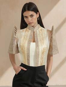 现代菲律宾风格欧根纱女士短袖时尚优雅立领外套 - 香檳色 - 查看 4