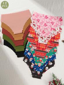 12pcs/Pack Christmas Seamless Women's Panties, Cute Printed Ladies' Briefs