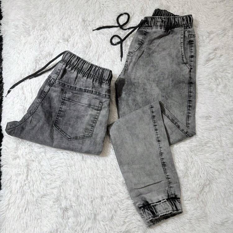 Men's Twill Jogger Jeans With Cuffs And Elastic Waistband - Grey - View 1