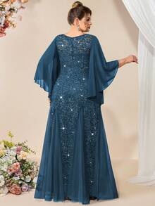 优雅蝴蝶袖雪纺花卉亮片蕾丝撞色网纱鱼尾下摆晚礼服，高贵典雅的正式舞会礼服，婚礼宾客礼服，适合情人节、生日、毕业典礼、宴会、节日及其他场合的春季派对。 - 霧霾藍 - 查看 3