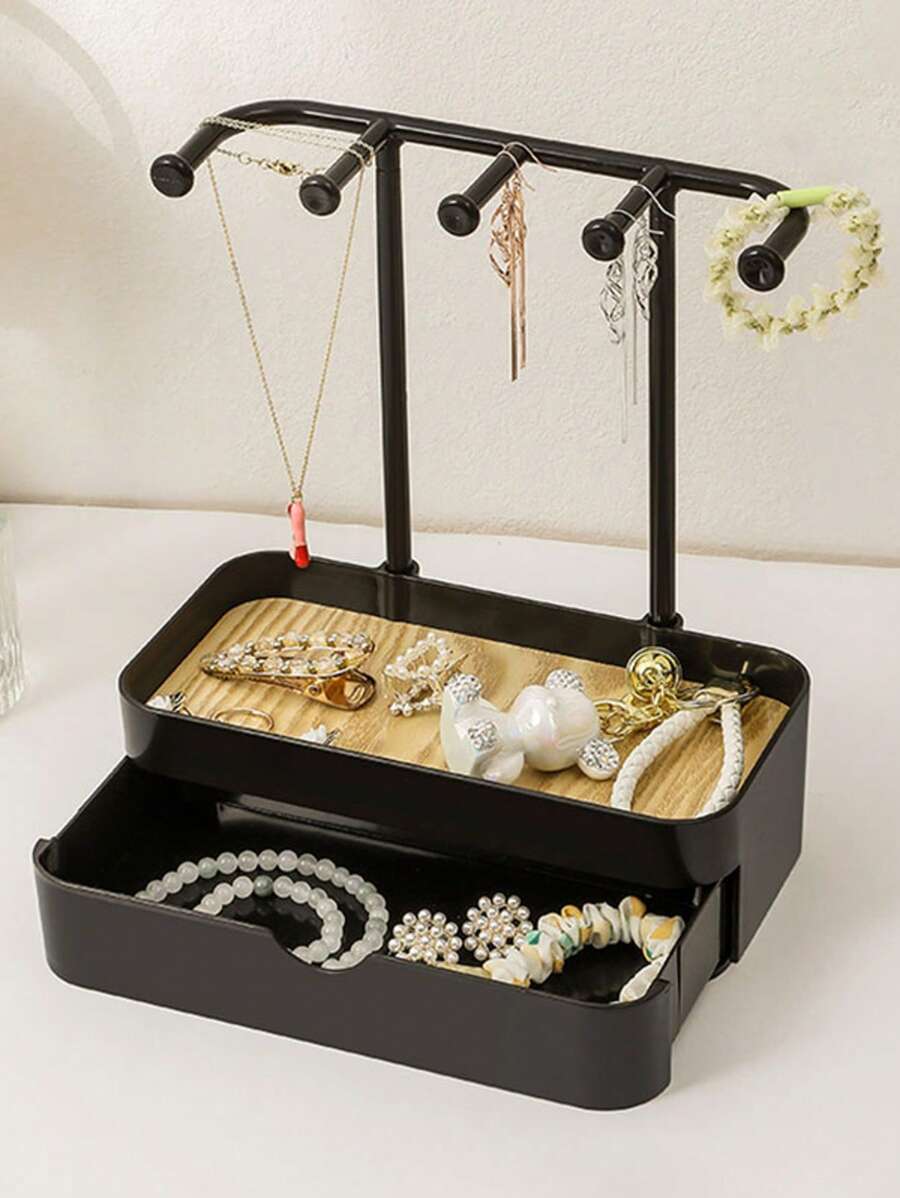 1 Double-Layer Jewelry Storage Box With Wooden Base, Desktop Organizer Racks, Multi-Functional Hanging Storage, Can Store Necklaces, Bracelets, Earrings, Rings, Watches, With Hooks, Dorm Room Storage Must-Haves, A Must-Have Storage Item In Summer, An Ideal Gift For Women‌