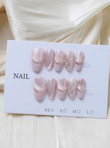 10pcs Rhombus French Pearl Pink Cat Eye Bow Handmade Nails Acrylic Press On Nails Spring Summer Nails Glitter Rhinestone Decoration Short Coffin/Extra Long Oval French Fake Nails Full Cover Nail Tips With Jelly Glue And Nail File, DIY Nail Art Supplies