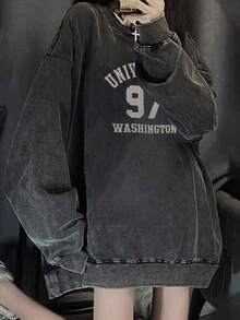 Women's Y2K Oversized Soft Cotton Distressed American Hip Hop Letter & Number Print Casual Vacation Home Street Chic Student Christmas New Year Long Sleeve Sweatshirt, Autumn/Winter